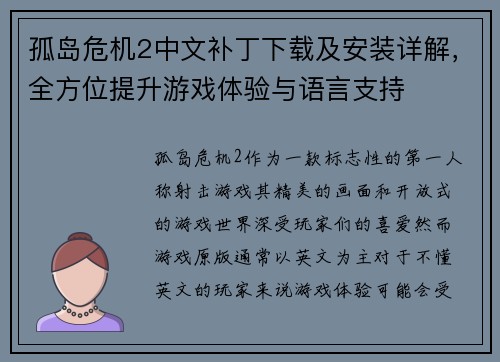 孤岛危机2中文补丁下载及安装详解，全方位提升游戏体验与语言支持